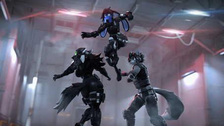 anthro armor black_body black_scales blue_body blue_fur female fight fur group headgear helmet jumping male punch scales smug surprised tactical_gear training trio conditional_dnp domi3d domi_(domi3d) emi_(domi3d) kole_(domi3d) canid canine canis hybrid lagomorph leporid mammal rabbit wolf 16:9 3d_(artwork) 4k absurd_res digital_media_(artwork) hi_res source_filmmaker_(artwork) widescreen