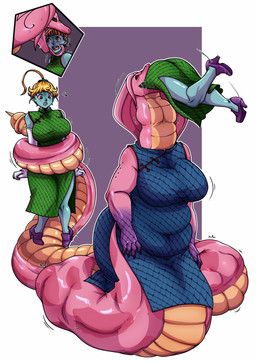 apode belly blonde_hair blue_body blue_clothing blue_dress blue_skin breasts clothing dress female female_pred female_prey green_clothing green_dress group hair legless oral_vore pink_body serpentine vore ecchipandaa draconcopode naga 2020 absurd_res hi_res