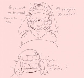 anthro beanie begging begging_for_sex belly brat_taming clothing duo gloves hair hair_over_eyes handwear hat headgear headwear male male/male nipples overweight text lxzylux bandai_namco digimon angoramon digimon_(species) impmon english_text hi_res