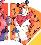 anthro armpit_hair bodily_fluids body_hair fur genitals happy_trail kerchief male mascot muscular muscular_male pecs smile smiling_at_viewer solo_focus striped_body striped_fur stripes sweat sweaty_genitalia everdog color_wheel_challenge frosted_flakes kellogg's tony_the_tiger felid mammal pantherine tiger multiple_images