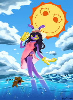 anthro beach black_hair bow_ribbon breasts bubble bulge choker clothing cloud day detailed_background dress female gloves group gynomorph hair handwear hat headgear headwear intersex jewelry long_hair necklace nub_tail partially_submerged purple_body semi-transparent_clothing sky small_breasts smile solo_focus speedo sun_hat sundress sunny swimwear tail teeth tongue tongue_out trio water waterline_view yellow_sclera yellow_teeth floreum glitch_productions the_amazing_digital_circus zamn gooseworx's_post-transition_jax_design jax_(tadc) orange_crappy_looking_fish sun_(tadc) aquatic fish lagomorph leporid living_sun mammal rabbit digital_media_(artwork) hi_res trans_(lore) trans_woman_(lore)