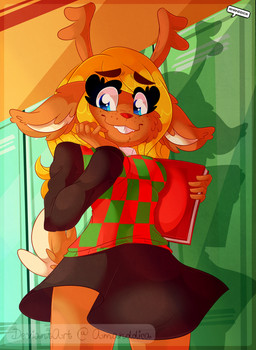 anthro book border bottomwear clothed clothing female furgonomics hallway locker pattern_clothing plaid plaid_clothing school skirt solo student tail tail_through_skirt teeth amanddica deltarune deviantart undertale_(series) noelle_holiday deer mammal new_world_deer reindeer 2018 absurd_res hi_res watermark