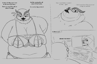 anthro areola beak bra clothing computer computer_monitor computer_mouse crow's_feet electronics exclamation_point female glistening gun keyboard male markings mole_(marking) motion_lines neck_tuft obese obese_female open_beak open_mouth overweight overweight_anthro overweight_female ranged_weapon shocked simple_background text tissue_box tuft underwear weapon worried_look continuity_(artist) diamond_is_unbreakable jojo's_bizarre_adventure avian bird great_horned_owl horned_owl owl true_owl 3:2 comic english_text hi_res monochrome