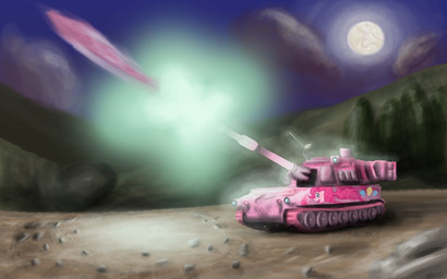 ambiguous_gender armored_vehicle blue_eyes cloud detailed_background hair machine military moon outside pink_hair plant solo tank_(vehicle) toony tracked_vehicle tree turret vehicle weapon wood zero_pictured feralblooddragon friendship_is_magic hasbro m109_paladin my_little_pony pinkie_pie_(mlp) earth_pony equid equine horse mammal pony 2011 detailed hi_res