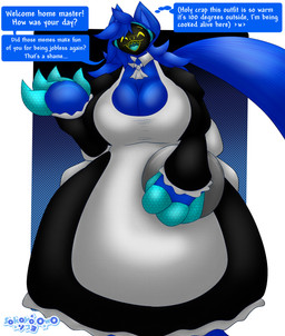 4_fingers anthro big_breasts big_feet blue_body blue_fur blue_hair breasts claws clothed clothing cybernetics dress feet female fingers fur hair holding_object holding_plate long_tail looking_at_viewer machine maid_apron maid_uniform open_mouth protogen_visor raised_arm raised_hand solo speech_bubble tail text thick_thighs uniform wide_hips yellow_eyes sokoyo_owo starry_(sokoyo_owo) animal_humanoid canid canine cyborg humanoid mammal mammal_humanoid protogen hi_res