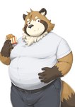 anthro belly blush bottomwear brown_body brown_fur bulge clothing food fur humanoid_hands kemono male overweight overweight_male pants shirt simple_background solo topwear white_background barontoko canid canine mammal raccoon_dog tanuki 2021 hi_res