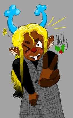 anthro antlers black_highlights blonde_hair blush brown_body brown_fur clothed clothing dress female fur gesture hair hand_gesture hands_on_knees hands_on_legs highlights_(coloring) horn one_eye_closed peace_symbol solo spots star v_sign wink young playdoe fan_character holly_holiday_(playdoe) deer mammal new_world_deer reindeer 5:8 hi_res