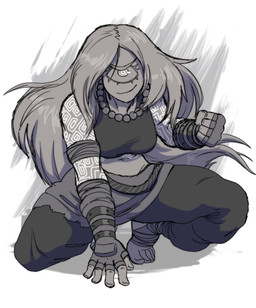 1_eye bandage bandaged_foot barefoot bottomwear clothing feet female fighters hair long_hair monk oversized_bottomwear oversized_clothing oversized_pants pants solo zimakum cyclops humanoid digital_drawing_(artwork) digital_media_(artwork) hi_res sketch
