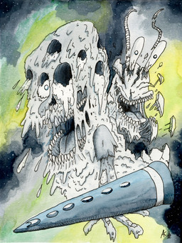 antennae_(anatomy) anthro body_horror bone clarinet duo fingers goo-connected_lips holding_object looking_at_viewer melting melting_flesh musical_instrument open_mouth pupils simple_background skull smile teeth tongue wind_instrument woodwind_instrument stillinthesimulation nickelodeon spongebob_squarepants larry_the_lobster spongebob_squarepants_(character) aquatic arthropod crustacean decapod lobster malacostracan sea_sponge hi_res