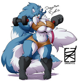 accessory anthro arm_tuft barefoot big_breasts big_hair big_tail black_body black_fur blue_body blue_fur blue_hair bottomwear breasts chest_tuft chest_wraps claws clothed clothing curvy_figure dumbbell excessive_fluff exercise feet female fluffy fluffy_hair fluffy_tail fur gloves_(marking) hair hair_accessory hair_ribbon hip_tuft hotpants huge_breasts huge_tail inner_ear_fluff leg_markings leg_tuft long_hair looking_at_viewer markings mature_anthro mature_female midriff multicolored_body multicolored_fur multicolored_hair muscular muscular_anthro muscular_female navel open_mouth pubic_mound quads ribbons shorts shoulder_tuft simple_background smile socks_(marking) soft_abs solo standing tail text thick_thighs toe_claws tuft two_tone_hair under_boob voluptuous weightlifting weights white_background white_body white_fur white_hair wide_hips workout wraps yellow_eyes dkdevil ryka canid canine canis mammal wolf 2017 absurd_res english_text hi_res signature
