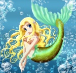 animal_humanoid big_eyes blonde_hair blue_eyes breasts bubble cleavage clothed clothing eyebrows eyelashes female fish fish_humanoid hair humanoid humanoid_merfolk jewelry looking_at_viewer marine marine_humanoid merfolk navel necklace solo split_form underwater unknown_artist water