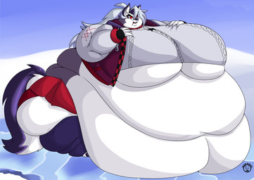 anthro belly big_belly big_breasts bottomwear breasts clothing double_chin female huge_belly huge_breasts immobile morbidly_obese morbidly_obese_anthro morbidly_obese_female multicolored_body navel obese obese_anthro obese_female overweight overweight_anthro overweight_female skirt solo thick_thighs weight_gain wide_hips madnevil hellaverse helluva_boss mythology loona_(helluva_boss) canid canid_demon canine demon hellhound mammal mythological_canine mythological_creature 1:1 hi_res