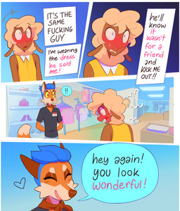 4_panel_comic anthro ascot black_clothing black_eyebrows black_shirt black_text black_topwear blue_eyes blue_hair blush blushing_profusely bodily_fluids border brown_body brown_ears brown_eyes brown_fur brown_nose cheek_tuft circle_eyebrows clothed clothing clothing_store crossdressing crossdressing_male detailed_background dialogue dipstick_tail dress duo exclamation_point eyebrows eyes_closed facial_tuft femboy fluffy fluffy_tail footwear fur gradient_background hair hands_behind_back heart_symbol inside looking_at_another male markings name_tag open_mouth open_smile orange_body orange_fur pink_text polka_dot_dress polka_dots purse shirt shoes simple_background smile speech_bubble standing store sweat tail tail_markings tan_body tan_fur tan_hair text thought_bubble topwear tuft white_border yellow_clothing yellow_dress yellow_sclera heresvix connor_(heresvix) dani_(heresvix) bovid canid canine caprine fox mammal sheep 2025 comic english_text hi_res