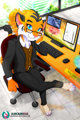 anthro blue_eyes building chair clothed clothing computer computer_mouse countershading day desk detailed_background ear_piercing ear_ring electronics eyewear female fur furniture glasses inside keyboard light looking_at_viewer monitor office office_chair office_clothing orange_body orange_fur piercing ring_piercing sitting solo suit sunlight table text piporete mrs._yorushika felid feline mammal pantherine tiger absurd_res digital_media_(artwork) hi_res signature url