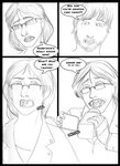 amanda_(tcitw) arania beard camera clothed clothing comic dialogue duo english_text eyewear facial_hair fangs female glasses hair human humanoid jack_(tcitw) male mammal monochrome teeth text the_cabin_in_the_woods_(arania) transformation video_camera