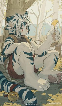 anthro bell claws fur hair jingle_bell kemono looking_at_object male markings red_eyes sitting sitting_on_ground solo striped_body striped_fur striped_markings striped_tail stripes tail tail_markings tuft white_body white_fur milkybot onmyou_taisenki kogenta_(onmyou_taisenki) felid mammal pantherine tiger 2025 absurd_res hi_res
