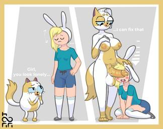 4_fingers anthro balls blonde_hair blue_eyes blush blush_lines bodily_fluids border bottomwear breasts clothing dialogue dominant dominant_anthro drooling duo erection exposed_breasts fangs female fingers footwear fur genitals gynomorph gynomorph/female hair hand_on_breast herm intersex intersex/female knee_highs kneeling laugh legwear licking nipples oral orange_body orange_fur paws penis pubes saliva saliva_string sex shirt shorts slightly_chubby smug smug_face smug_grin socks spots submissive submissive_human t-shirt teeth text tongue topwear transformation white_body white_fur yellow_border horiori adventure_time blade_runner_2049 can't_see_the_haters cartoon_network fionna_and_cake fionna_and_cake_(franchise) cake_the_cat fionna_the_human domestic_cat felid feline felis human mammal english_text meme