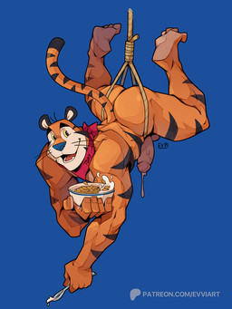 anthro back_muscles balls barazoku biceps big_balls big_butt big_muscles big_penis blue_background bodily_fluids bowl butt butt_from_the_front cereal container cutlery dripping erection eyebrows food fur genital_fluids genitals glans holding_container holding_food holding_object humanoid_genitalia humanoid_penis kerchief kitchen_utensils looking_at_viewer male mascot milk muscular muscular_anthro muscular_male nails neckerchief neckwear nude offering_to_viewer open_mouth open_smile penis precum precum_drip precum_string rope simple_background smile solo spoon suspension tail teeth text thick_arms thick_thighs tongue tools tuft vein whiskers evvi frosted_flakes kellogg's patreon tony_the_tiger felid mammal pantherine tiger 2025 character_name english_text signature url