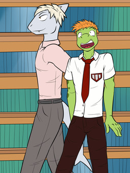 accessory anthro belt book bookshelf bottomwear butt butt_grab clothed clothing duo furniture hand_on_butt male male/male necktie pants shirt size_difference surprised topwear fuze blaise_(fuze) amphibian aquatic fish frog shark 2018 3:4 hi_res