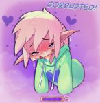 blizzard_entertainment blood_elf blush bodily_fluids clothed clothing corruption cum cum_on_face elf english_text fan_character female gameplay_mechanics genital_fluids heart_symbol hi_res hoodie hoodie_(artist) humanoid male_(lore) max_(hoodie) not_furry pheromones solo text topwear warcraft