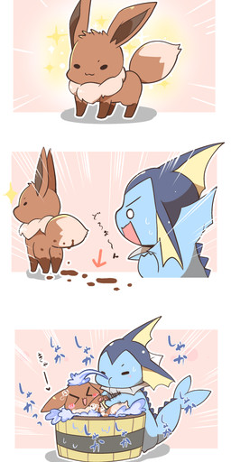 >_< bath duo eyes_closed mud open_mouth tail text water azuma_minatsu nintendo pokemon eevee eeveelution generation_1_pokemon pokemon_(species) vaporeon 2018 comic japanese_text translation_request