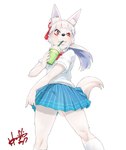 anthro beverage bottomwear clothed clothing container cup drinking drinking_straw female female_anthro fur kemono one_eye_closed shirt skirt solo tail tail_under_skirt topwear white_body white_fur horishin tamamo-chan's_a_fox tamamo_fushimi canid canine fox mammal 2017 hi_res