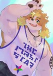 anthro blonde_hair blush clothing floppy_ears hair jewelry male musclegut muscular necklace one_eye_closed pawpads shirt smile solo tank_top tattoo topwear wink amidasuke lifewonders live_a_hero hisaki_(live_a_hero) canid canine canis domestic_dog mammal absurd_res hi_res