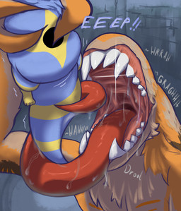 ambiguous/ambiguous ambiguous_gender anthro blue_body blue_fur bodily_fluids duo fur genital_fluids imminent_vore inflation inside male mouth_shot multicolored_body multicolored_fur open_mouth saliva size_difference teeth tongue tongue_out yellow_body yellow_fur vuchs rain_world videocult astral_(jeddy) coop_(theroboticdragon) slugcat splynter absurd_res hi_res