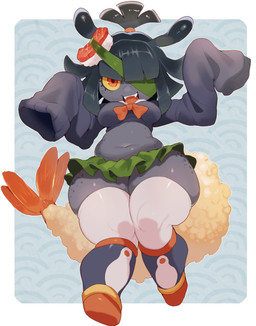antennae_(anatomy) anthro bangs belly bottom_heavy clothing eye_patch eyelashes eyewear female food freckled_face freckled_legs freckled_thighs freckles legwear long_sleeves looking_at_viewer navel one_eye_visible overweight sea sharp_teeth shrimp_tail slightly_chubby smile smiling_at_viewer solo stockings sushi teeth tempura thick_thighs water wide_hips yellow_eyes sanjiro yokai_love_you! sui_(blargen69) aquatic arthropod crustacean gastropod mollusk shrimp slug absurd_res hi_res