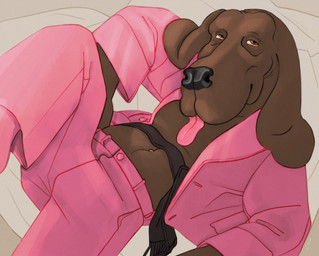 anthro black_nose brown_body brown_fur brown_skin dress_pants fur long_ears lying male mature_male on_back pink_tongue relaxing smoking_jacket solo tongue tongue_out ravuer mcgruff_the_crime_dog scruff_mcgruff bloodhound canid canine canis domestic_dog hunting_dog mammal scent_hound hi_res