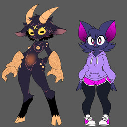 anthro armor bat_ears breasts clothed clothing dark_body dark_fur duo fangs female fur gauntlets genitals gloves glowing glowing_belly hair handwear horizontal_pupils horn looking_at_viewer nude pupils simple_background smile tail teeth vulva kerotheklutz ryan_(kerotheklutz) spritz_(kerotheklutz) bat bovid caprine goat mammal wingless_bat 1:1 digital_media_(artwork) hi_res
