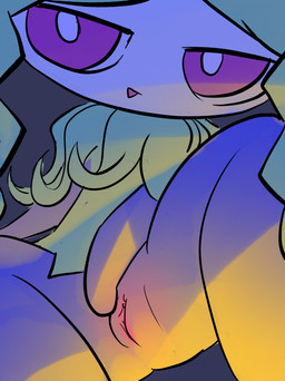 anthro bedroom_eyes female genitals hair looking_at_viewer narrowed_eyes nude presenting presenting_vulva seductive simple_background solo twintails_(hairstyle) vulva godforgiveme4 palworld pocketpair pal_(species) absurd_res hi_res