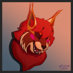 anthro blush blush_lines brown_body brown_fur eyes_closed fur gradient_background hair male mane red_body red_fur simple_background smile solo tan_body tan_fur teeth zeanlain felid feline hybrid lion lynx mammal pantherine 1:1 2021 colored hi_res signature