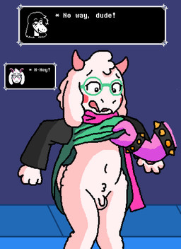 anthro assisted_exposure balls biped black_sleeves blush blush_stickers bracelet clothed clothing clothing_lift crotch_tuft dialogue disembodied_hand dress dress_lift duo embarrassed exposed eyebrows eyelashes eyewear fangs female flaccid fluffy fluffy_ears foreskin fur genitals glasses green_clothing green_dress green_eyewear green_glasses head_tuft hip_tuft horn humanoid_genitalia humanoid_penis jewelry knock-kneed long_ears looking_down male male/female male_focus navel no_underwear open_mouth outside pawpads paws penis pink_horn pink_scarf raised_arms scarf scut_tail short_tail simple_background slightly_chubby small_penis solo_focus spiked_bracelet spikes standing surprised tail teeth text text_box three-quarter_view tuft white_body white_fur wide_eyed pixel_vibri deltarune undertale_(series) ralsei susie_(deltarune) boss_monster_(undertale) bovid caprine darkner goat mammal reptile scalie 2026 aliasing digital_media_(artwork) english_text hi_res