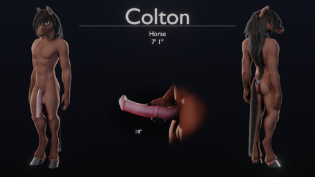 animal_genitalia animal_penis anthro athletic balls equine_genitalia equine_penis erection flaccid fur genitals hair holding_penis hooves looking_at_viewer looking_back male nude pecs penis rear_view simple_background smile solo standing stated_height stated_penis_size stated_species tail text ruaidri colton_(ruadri) equid equine horse mammal 16:9 2023 3d_(artwork) character_name digital_media_(artwork) english_text hi_res model_sheet translated widescreen