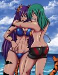 big_breasts bikini black_stripes blue_eyes breast_size_difference breasts butt cat_tail clothed clothing duo facial_markings female green_eyes green_hair hair head_markings long_hair markings purple_hair stripes swimwear two-piece_swimsuit y_shaped_butt_crack sageofotherworlds yosh!_comics kate_summers nami_(yosh) animal_humanoid cat_humanoid felid felid_humanoid feline feline_humanoid human humanoid mammal mammal_humanoid