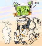 anthro biped bodily_fluids body_writing cord_tail drooling duo electronics female hands_on_legs hands_on_thighs kneeling kneeling_on_ground larger_anthro larger_female looking_away low_battery male monitor pawpads paws power_cord saliva screen screen_face segmented_body simple_background size_difference small_waist smaller_human smaller_male sweat sweatdrop video_game_reference whiskers wide_hips fc5 domestic_cat felid feline felis human mammal robot_anthro hi_res sketch