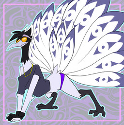 accessory all_fours anthro avian_feet beak black_body black_feathers bottomwear clothed clothing eyewear feathers gloves handwear headband jewelry male necklace panties peacock_feather shirt simple_background solo sunglasses t-shirt tail tail_feathers topwear underwear white_body white_feathers topazknight psia_(topazknight) avian bird galliform peafowl phasianid digital_media_(artwork) hi_res