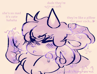 4_ears angry anthro balls dialogue ear_fetish erection eyes_closed female floppy_ears genitals group hair heart_symbol horn male male/female multi_ear neck_tuft penis precum_on_ears sex steam surrounded_by_penises text tuft pinkshinyhorns bovid caprine mammal sheep english_text signature