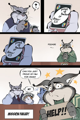 anthro card clothing dialogue duo fur grey_body grey_fur humor male sweater text topwear whiskers doraemonbasil disney draw_25_(meme) uno zootopia cattrick_lynxley milton_lynxley pawbert_lynxley canada_lynx felid feline lynx mammal 2:3 comic english_text hi_res meme father_(lore) father_and_child_(lore) father_and_son_(lore) parent_(lore) parent_and_child_(lore) parent_and_son_(lore) son_(lore)