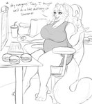 anthro belly beverage big_belly big_breasts breasts burger chair clothed clothing desktop eyelashes female food furniture hair long_hair office_chair open_mouth open_smile overweight overweight_anthro overweight_female side_view sitting smile solo tiggybloom marzipan_(spottedtigress) felid mammal hi_res monochrome