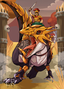 armor black_body black_scales claws duo dust feral front_view gaping_mouth gold_(metal) gold_armor grey_claws holding_melee_weapon holding_object holding_sword holding_weapon logo male melee_weapon mount open_mouth red_tongue rider riding saddle scales sharp_teeth sword teeth tongue weapon white_body white_scales swampjaws dinosaur human mammal prehistoric_species reptile scalie artist_logo