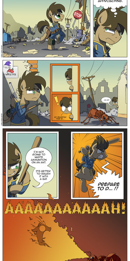 anthro baseball_bat bat_(object) dialogue duo fire gun handgun male ranged_weapon revolver text vault_suit weapon wandrevieira1994 fallout hasbro microsoft my_little_pony fan_character ant ant_(fallout) arthropod earth_pony equid equine fire_ant fire_ant_(fallout) horse hymenopteran insect mammal pony 2016 absurd_res comic english_text hi_res url