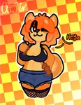 anthro bottomwear bra clothing curled_tail denim denim_bottomwear denim_clothing denim_shorts female fishnet_clothing fishnet_legwear fur hair hand_on_hip legwear looking_at_viewer multicolored_body multicolored_fur orange_background orange_body orange_fur orange_hair shorts simple_background solo tail topwear two_tone_body two_tone_fur underwear ceeytin koki_(ceeytin) canid canine canis domestic_dog mammal spitz 2024 digital_media_(artwork) hi_res