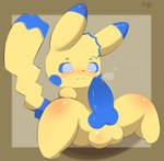 animal_genitalia animal_penis anthro balls blue_eyes blue_penis blush canine_genitalia canine_penis genitals knot looking_at_genitalia looking_at_penis male penis solo yellow_body fisuku nintendo pokemon sparkchu generation_1_pokemon pikachu pokemon_(species)