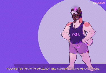 abstract_background anthro arm_tuft barefoot black_hair bottomwear brown_body brown_ears brown_face brown_fur clothed clothed_anthro clothed_male clothing countershading dialogue elbow_tuft eyes_closed eyewear fake_screencap feet fully_clothed fully_clothed_anthro fully_clothed_male fur glasses hair hands_on_hips hands_on_own_hips male male_anthro mouth_closed multicolored_body multicolored_fur multicolored_hair orange_body orange_fur orange_tail purple_background purple_bottomwear purple_clothing purple_shirt purple_shorts purple_tank_top purple_topwear shirt shorts simple_background solo standing tail talking_to_viewer tan_body tan_countershading tan_fur tan_tail tank_top teeth text text_on_clothing text_on_shirt text_on_topwear topwear tuft two_tone_hair two_tone_tail white_hair melaisen bau_(melaisen) akita american_akita canid canine canis domestic_dog mammal spitz 2023 absurd_res artist_name comic digital_drawing_(artwork) digital_media_(artwork) english_text full-length_portrait hi_res one_panel_comic portrait purple_theme
