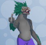 3_fingers anthro arm_tuft beak bottomwear clothed clothing fangs feather_hair feather_tuft feathered_crest feathers fingers green_body green_feather_hair green_feathers grey_body grey_scales grey_skin head_crest looking_at_viewer male musclegut muscular navel non-mammal_navel open_mouth pants pseudo_hair pupils purple_bottomwear purple_clothing purple_pants raised_arm scales simple_background slit_pupils solo teeth tongue topless tuft yellow_eyes some_sangheili halo_(series) microsoft xbox_game_studios alien avian kig-yar scalie t'vaoan absurd_res colored hi_res shaded