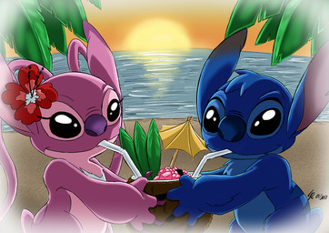 antennae_(anatomy) back_markings beach bendy_straw beverage black_claws black_eyes blue_body blue_fur blue_nose canon_couple chest_markings chest_tuft claws cocktail_garnish cocktail_umbrella coconut coconut_drink detailed_background drinking drinking_straw drupe_(fruit) duo eye_contact eyelashes female flower food fruit fur head_tuft hibiscus holding_object looking_at_another male male/female markings notched_ear outside palm_tree pink_body pink_fur plant purple_claws purple_nose romantic romantic_ambiance romantic_couple sand sea seaside sky small_tail sunset tail tree tropical tuft vignette water agitoart disney lilo_and_stitch angel_(lilo_and_stitch) stitch_(lilo_and_stitch) alien experiment_(lilo_and_stitch) 2018 digital_drawing_(artwork) digital_media_(artwork) signature