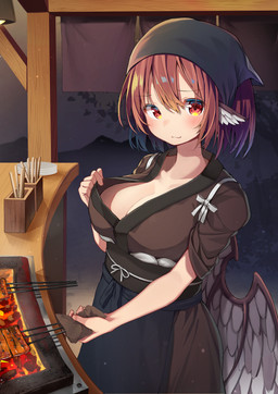:3 apron asian_clothing big_breasts blush breasts brown_clothing brown_kimono chopsticks cleavage clothed clothing east_asian_clothing feathered_wings feathers female fish_meat food grill hair headscarf japanese_clothing kimono looking_at_viewer meat pink_hair plate red_eyes solo standing wings mamemochi touhou mystia_lorelei animal_humanoid avian avian_humanoid humanoid winged_humanoid 2020 absurd_res hi_res