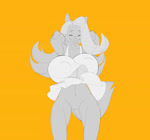 anthro arms_bent big_breasts bottomwear bouncing_breasts breasts cleavage clothed clothing collar eyes_closed featureless_crotch female fur hair hands_behind_head huge_breasts long_hair nipple_outline open_mouth open_smile simple_background skirt smile solo standing teeth under_boob white_bottomwear white_clothing white_skirt yellow_background crackiepipe denisse canid canine fox mammal 2d_animation animated digital_media_(artwork) monochrome no_sound short_playtime sketch webm